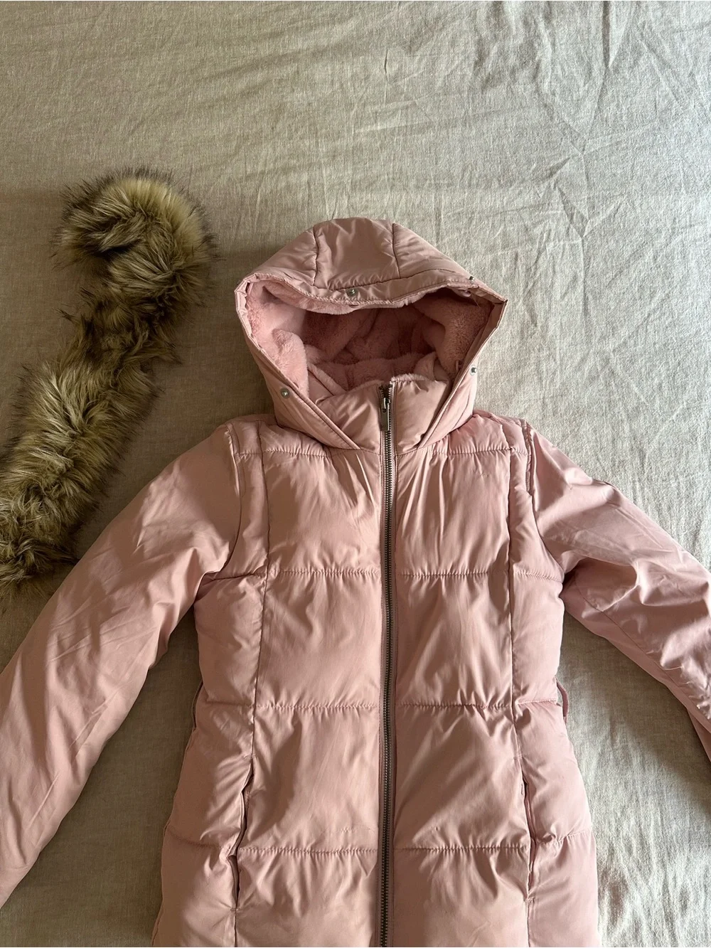 Abercrombie Kids A&F Ultra Puffer Jacket Pink Faux Fur Hood Girls 9/10